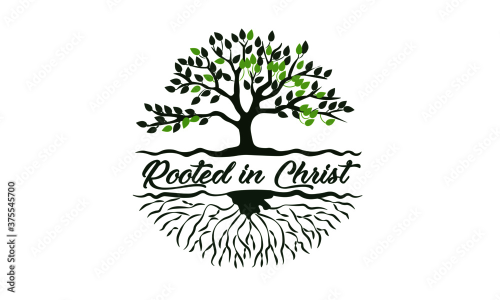 Rooted in Christ, Christian faith, Typography for print or use as poster, card, flyer or T Shirt 