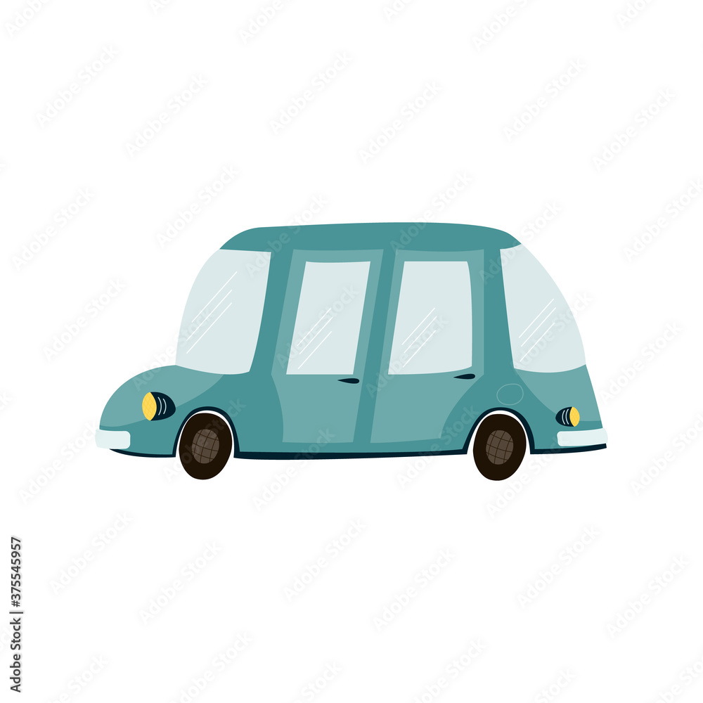 illustration of a cute turquoise baby car on a white background. Round hood, trunk, two doors of a retro car. for design, children's print for a boy. hand-drawn in flat style, vector