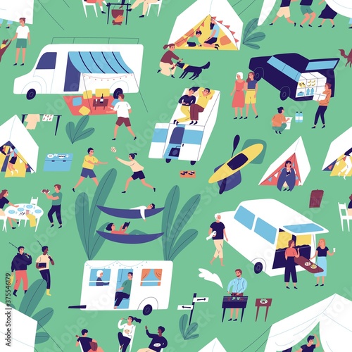 Seamless pattern with relaxing people near camper van, tents in nature outdoors. Women and men spend time together in summer camping festival, eating, lying in hammocks. Flat vector illustration