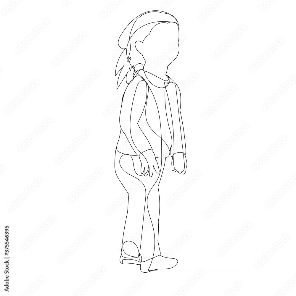 vector, isolated, sketch, one line drawing child girl