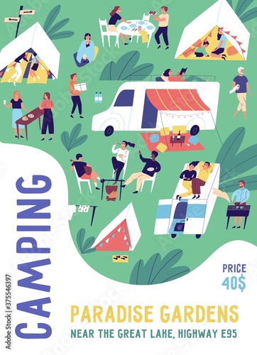 Vertical poster template for camping festival with place for text. People relaxing in a tent city in nature outdoors. Flat vector cartoon placard with summer vacation activity