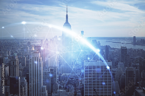 Canvas Print Double exposure of social network theme drawing and cityscape background