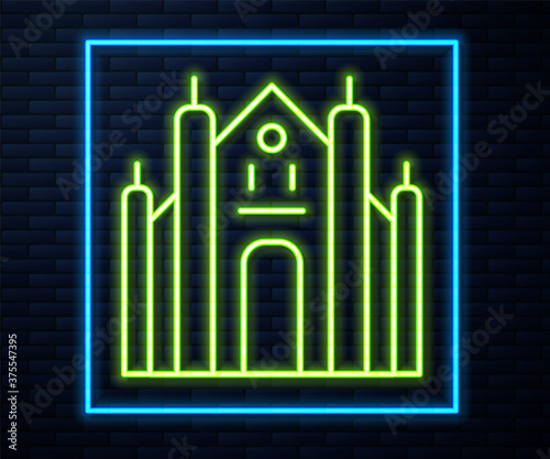 Glowing neon line Milan Cathedral or Duomo di Milano icon isolated on brick wall background. Famous landmark of Milan, Italy. Vector.