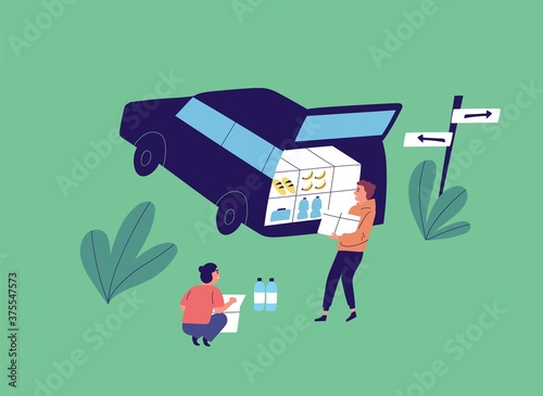 Flat vector cartoon illustration with young people unloading car. Couple near opened car trunk carry food product for camp. Squatting woman near box of water bottle