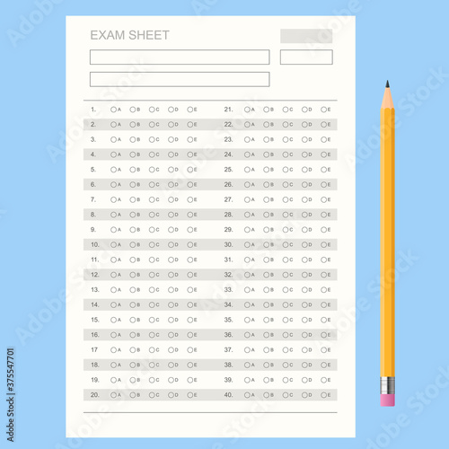 The student filling out answers to exam test answer sheet with a pencil. School and Education. Test score sheet with answers