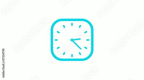 New cyan color square clock icon on white background,12 hours clock icon