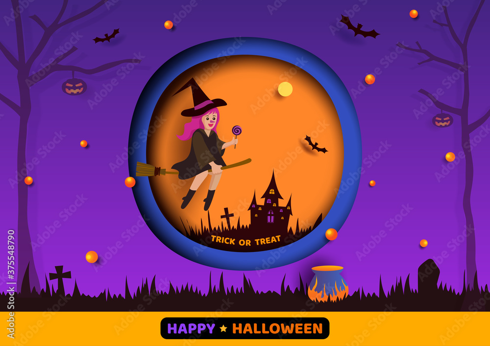 Halloween with witch girl on purple background.