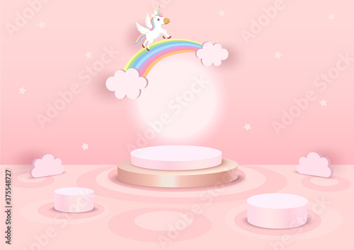 3d with rainbow unicorn on pink backgroud