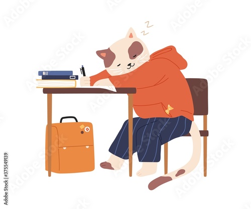 Cat cub sleeping at desk while studying in school. Cute animalistic childish character wearing clothes at lesson. Flat vector cartoon illustration of kitten pupil with pile of books isolated on white