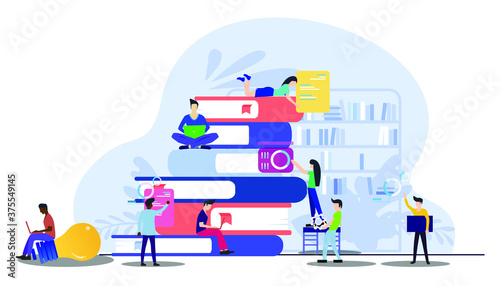 Book readers, Man and woman use Technology  think analyze flat design illustration Creativity modern Idea and Concept Vector infographic template.