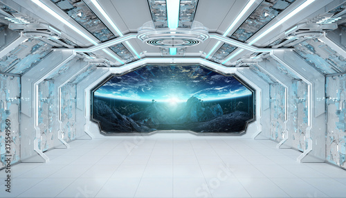 Fototapeta Naklejka Na Ścianę i Meble -  White blue spaceship futuristic interior with window view on space and planets 3d rendering
