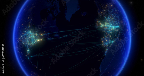 Global Communications Through the Network of Connections From Europe to America. The Concept of the Internet  Social Media  Travelling  Logistics. City Lights at Night. 3D Illustration.
