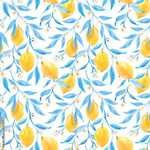 Beautiful seamless pattern with hand drawn watercolor lemons and blue leaves. Stock illustration. photo