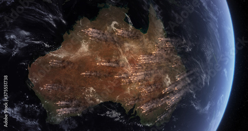 Bushfires in Australia. Satellite View Shows Many of Wildfires Burning in the Australian Outback and Rainforests. Smoke Covering Much of the Continent.