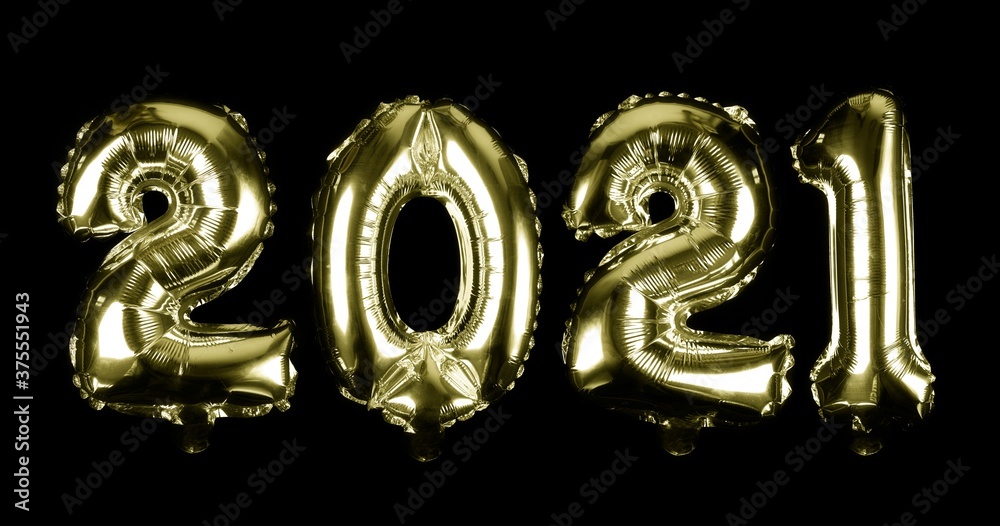 Celebration of New Year 2021 made from golden Number Balloons isolated in black background. Celebration of New Year 2021 made from golden Number Balloons isolated in black background.