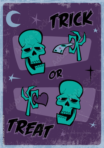 Happy Halloween Mid Century Modern Postcard stylization, Trick or Treat, Dead Heads, Vintage Colors, Grunge Texture Frame 