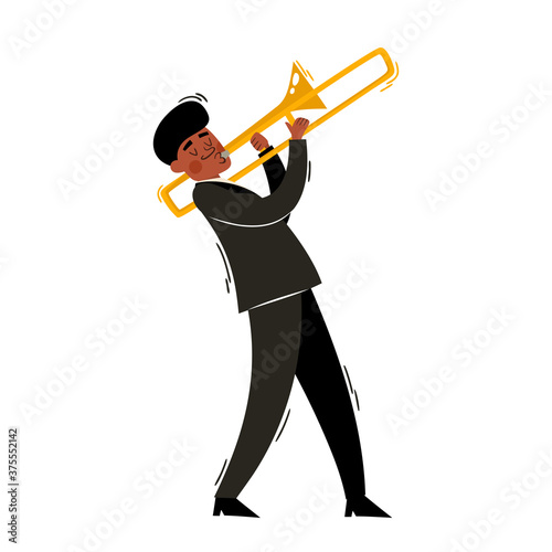 Cartoon vector illustration of trombone player isolated on white.