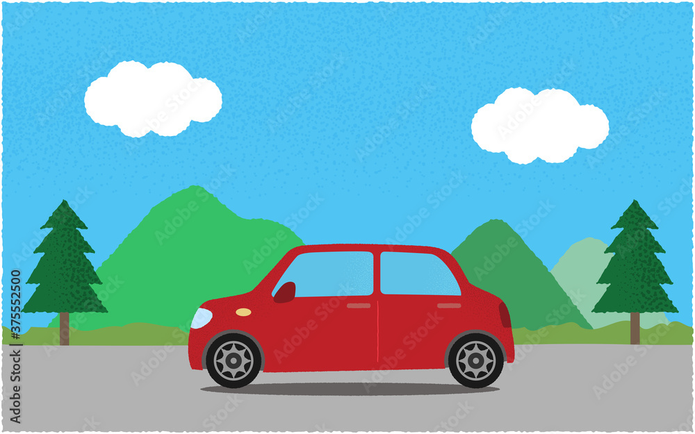 山沿いの道を進む赤い自動車のベクターイラスト