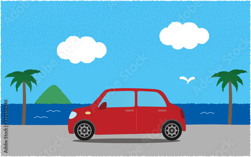 海沿いの道を進む赤い自動車のベクターイラスト © ICIM