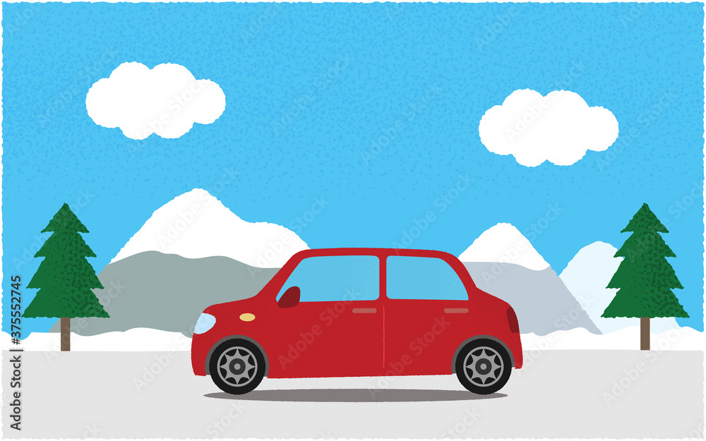 冬、山沿いの道を進む赤い自動車のベクターイラスト 冬、山沿いの道を進む赤い自動車のベクターイラスト