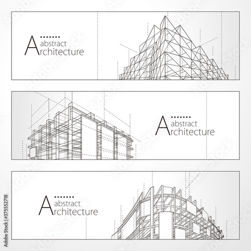 Architecture abstract modern building, Architecture building construction perspective line drawing design banner set.
