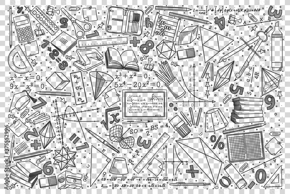 Mathematics doodle set. Collection of hand drawn sketches templates drawing patterns of equation geometric figures and formulae. Back to school and education illustration.