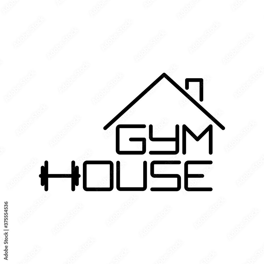 Sala de gimnasia en el hogar. Logotipo lineal texto Gym House con tejado de casa en color negro Sala de gimnasia en el hogar. Logotipo lineal texto Gym House con tejado de casa en color negro