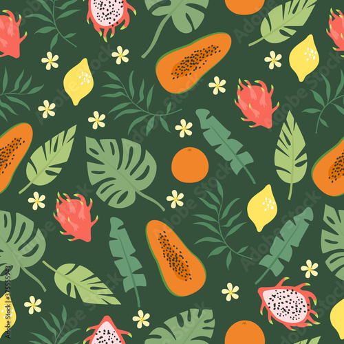 vector exotic pattern with fruits and plants of palm trees, juicy tropical colors. cartoon background