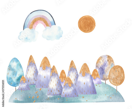 Photography mountains with gilding, mountains of gold, watercolor