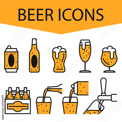 Beer. Set of beer icons. The heady drink in various capacities. Can, bottles, glasses. Pouring beer into a glass. Vector illustration isolated on a white background for design and web.