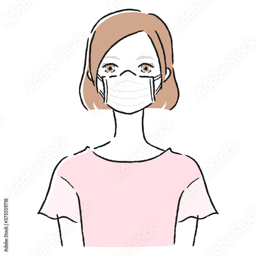 夏でもマスクをしてる若い女性のイラスト。