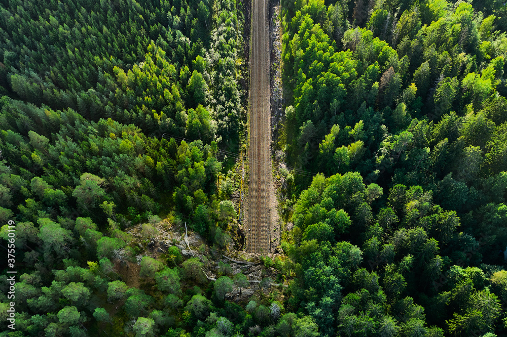 Aerial view of the railway track. The railroad between the hills goes into a tunnel.
