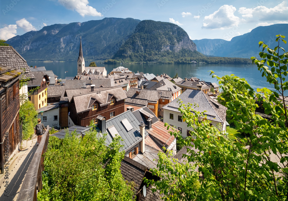 Picturesque views of the famous Hallstatt mountain village with Lake Hallstatter.