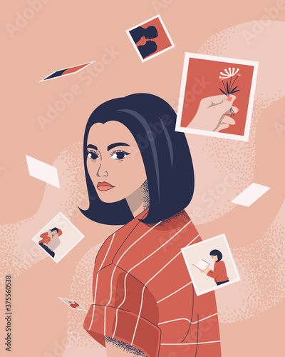 A girl with flying photos. The concept of pleasant memories and positive experiences. Flat cartoon colorful vector illustration.