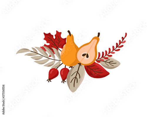 Vector Autumn wreath design template print with pears, leaves, berries and place for text. October harvest background illustration for Happy Thanksgiving Day. Fall Nature design