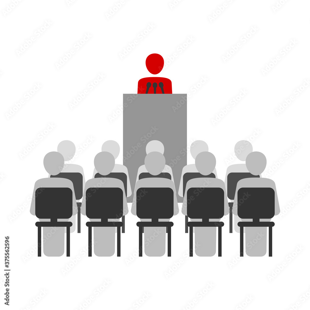 Presentation with speaker staying on tribune with mocrophones and group of people sitting on chairs Presentation with speaker staying on tribune with mocrophones and group of people sitting on chairs