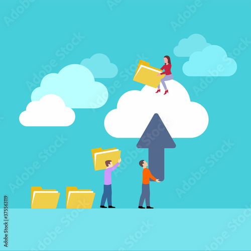 Vector concept cloud uploading, people with content, folders and files - on blue cloudy sky background
