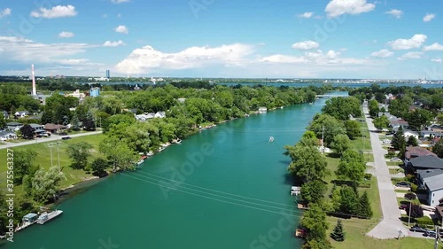 Aerial backwards view of welland river in Chippawa city in the near of Niagara Falls in Canada during sunny day photo