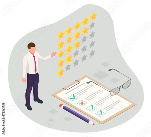 Isometric feedback, review, rating, concept of testimonials messages, notifications, feedback, 5-star rating icon.