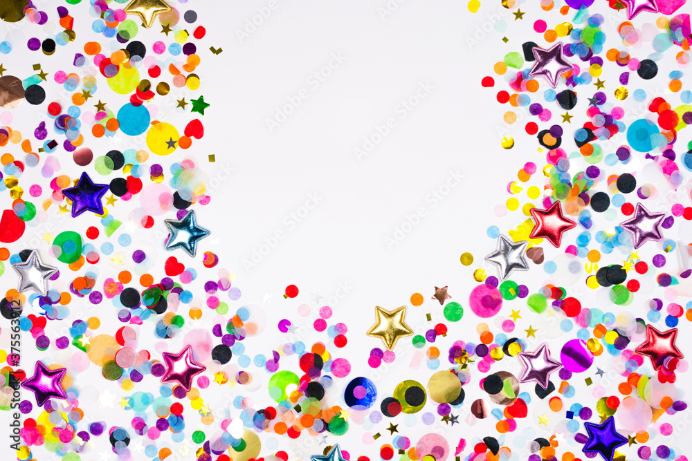 Colorful paper and foil round, star confetti oval border. Party template on white background, copy space. luxury festive holiday card clipart. New year, birthday, wedding, christmas flat lay frame Colorful paper and foil round, star confetti oval border. Party template on white background, copy space. luxury festive holiday card clipart. New year, birthday, wedding, christmas flat lay frame