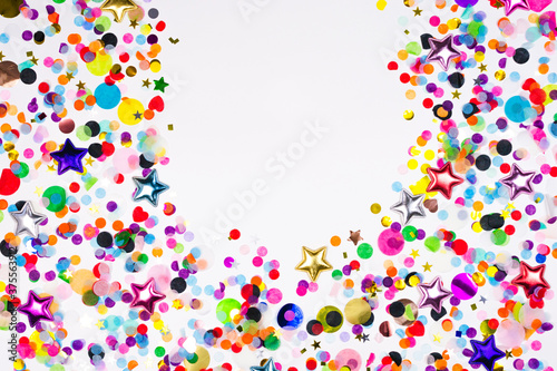 Colorful paper and foil round  star confetti oval border. Party template on white background  copy space. luxury festive holiday card clipart. New year  birthday  wedding  christmas flat lay frame