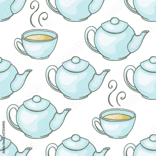 Seamless pattern with teacups and teapots, vector illustration