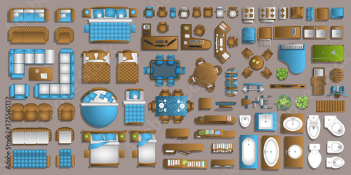 Icons set of interior. Furniture top view. Elements for the floor plan. (view from above). Furniture and elements for living room, bedroom, kitchen, bathroom, office.