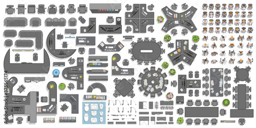 Vector set of office. People at work and office furniture. (top view) Desks, chairs, cabinets, sofas, computers, conference room, reception. Men and women in different poses. (view from above)