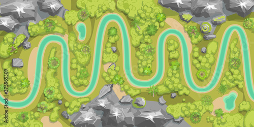 Landscape with a winding river. (Top view)
Mountains, river, hills, forest. (View from above)