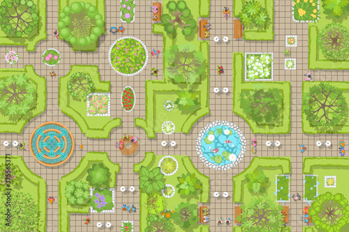 Landscape design. Park. Top view. Path, benches, trees, green fence, flower beds. View from above. 