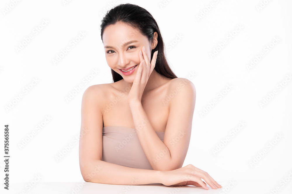 Beautiful Young Woman with Clean Fresh Skin, on white background, Face care, Facial treatment. Cosmetology, beauty and spa. women portrait Beautiful Young Woman with Clean Fresh Skin, on white background, Face care, Facial treatment. Cosmetology, beauty and spa. women portrait