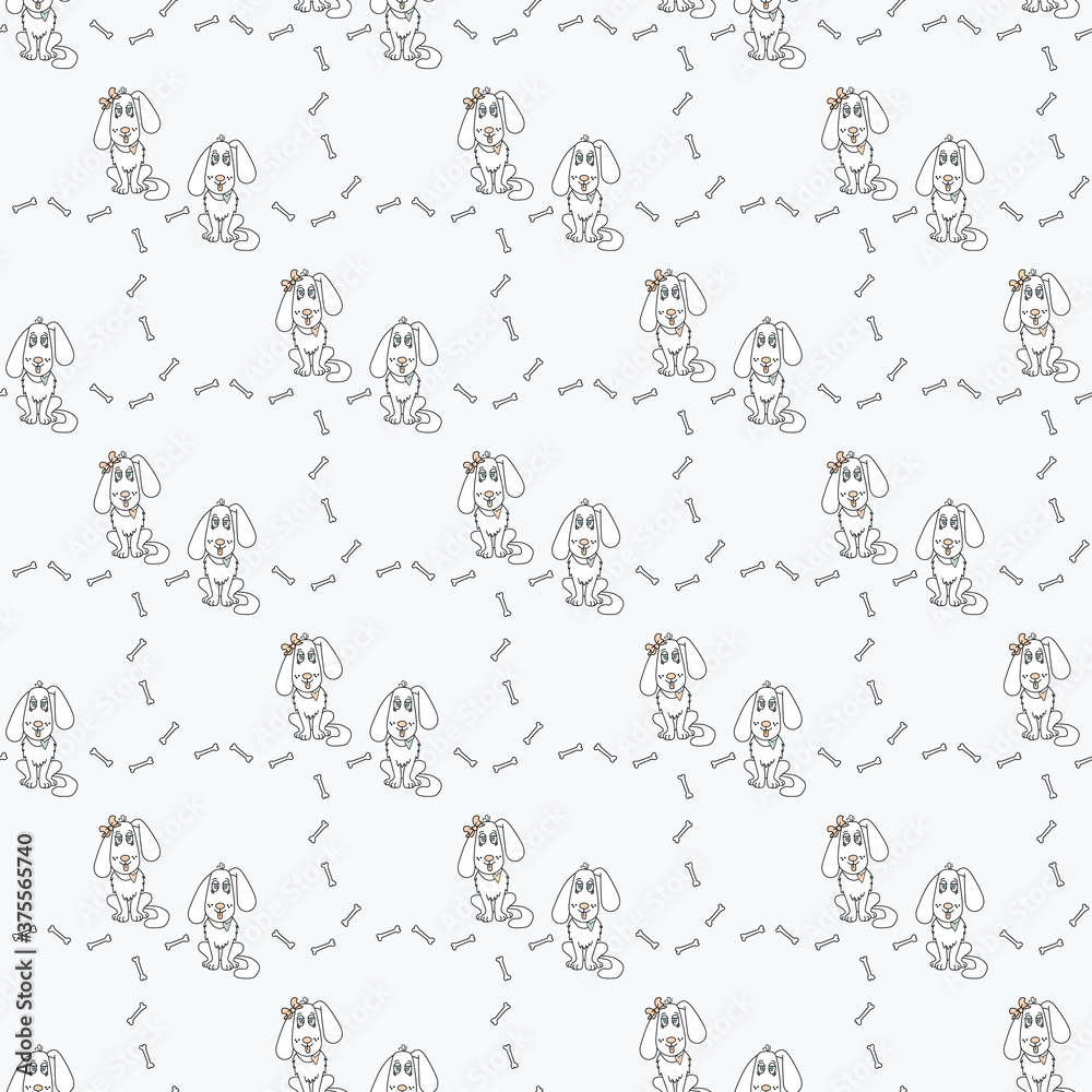 Seamless pattern with pets. Light background with cute White dogs with protruding tongue and hearts on a collar - a boy and a girl. Nearby is a pattern of scattered bones. Vector illustration Seamless pattern with pets. Light background with cute White dogs with protruding tongue and hearts on a collar - a boy and a girl. Nearby is a pattern of scattered bones. Vector illustration