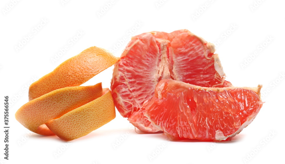 Grapefruit half with swirly peel curl isolated on white background Grapefruit half with swirly peel curl isolated on white background
