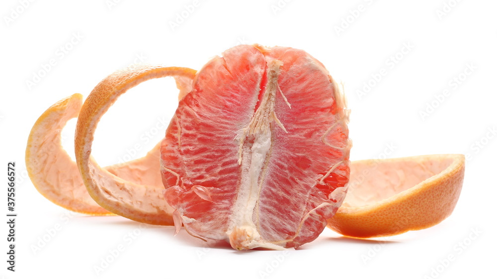 Grapefruit half with swirly peel curl isolated on white background